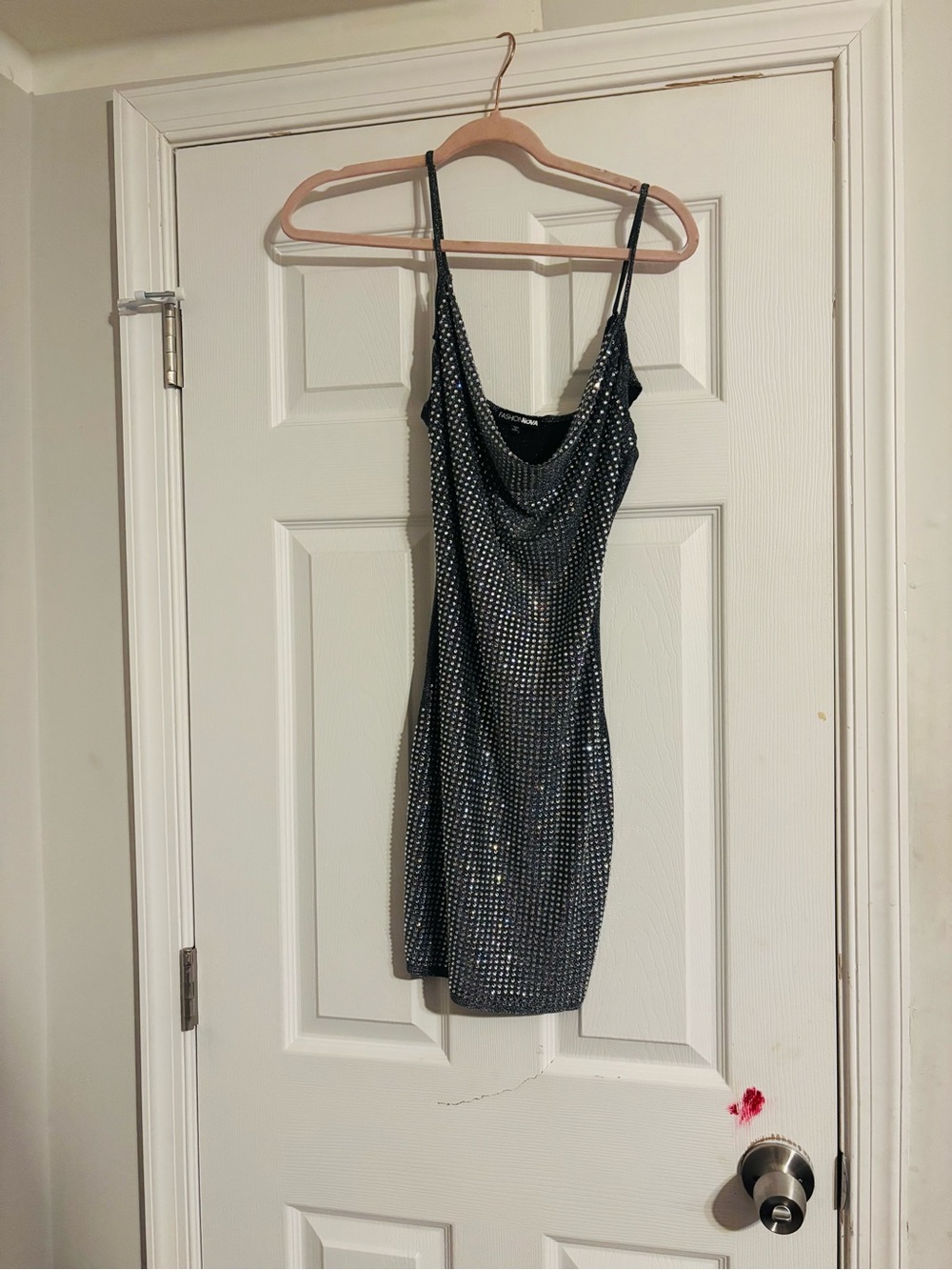 Fashion Nova Black Metallic Studded Cowl Slip Mini Dress